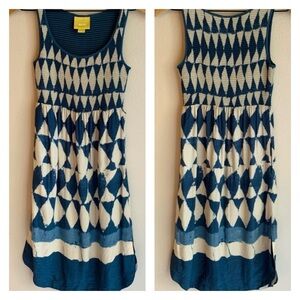 Anthropologie Maeve Blue Ikat Batik Print Castalia Dress with Tassel Tie Size 0